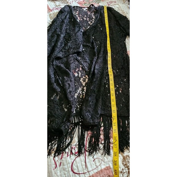 Lularoe Women's Floral Lace Kimono With Fringes Waterfall Open Front Black Sz L - Picture 4 of 5